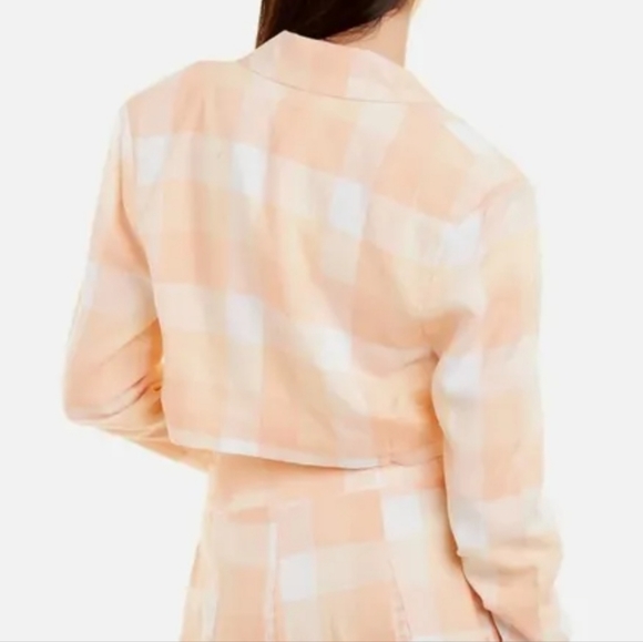 NWT For Love & Lemons Eugenie Linen-Blend Crop Blazer Orange Sherbert Plaid - Picture 2 of 8